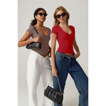 QINSEN Women's Sexy Deep V Neck T Shirts Double Lined Short Sleeve Crop Tops Casual Basic Going Out Top Red XS