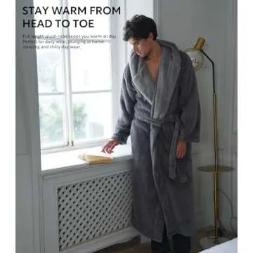 DAVID ARCHY Men's Soft Plush Fleece Robe Full Length Hooded Long Bathrobe for Men with Hood (L, Dark Gray- Shu Velveteen)