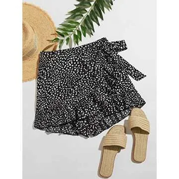 MakeMeChic Women's Boho Floral Print Elastic Waist Ruffle Wrap Tie Skorts Skirt Skorts