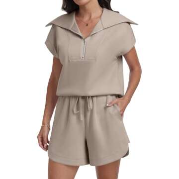 ANRABESS Two Piece Sets for Women Summer Half Zip Short Set Sweatsuit 2 Piece Outfits Sweat Lounge Sets Tracksuit khaki Large