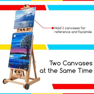 MEEDEN Versatile Studio H-Frame Easel - All Media Adjustable Beech Wood Studio Easel, Painting Floor Easel Stand, Movable and Tilting Flat Available, Holds Canvas Art up to 77"