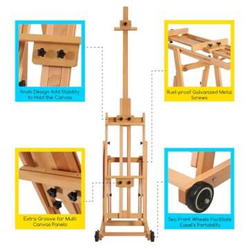 MEEDEN Versatile Studio H-Frame Easel - All Media Adjustable Beech Wood Studio Easel, Painting Floor Easel Stand, Movable and Tilting Flat Available, Holds Canvas Art up to 77"