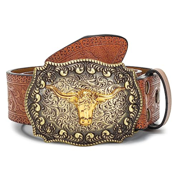 YCMI Western Cowboy Belts for Men Women - Bull Buckle Vintage Floral Engraved Belt for 25 to 38" wai...