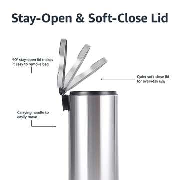 Amazon Basics Round Cylindrical Trash Can With Soft-Close Foot Pedal, 30 Liter/7.9 Gallon, Brushed Stainless Steel