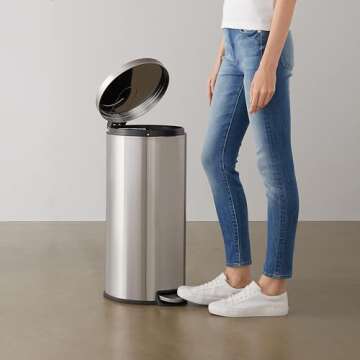 Amazon Basics Round Cylindrical Trash Can With Soft-Close Foot Pedal, 30 Liter/7.9 Gallon, Brushed Stainless Steel