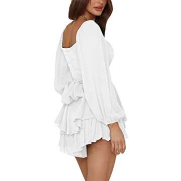LYANER Women's Jumpsuit Lantern Long Sleeve Ruffle Layer Tie Mini Short Romper Solid White X-Small