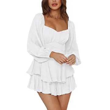 LYANER Women's Jumpsuit Lantern Long Sleeve Ruffle Layer Tie Mini Short Romper Solid White X-Small