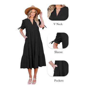 ECOWISH Women Summer Casual Dress - V Neck Short Sleeve Gingham Midi Pleated Tiered Loose Fit Holida...