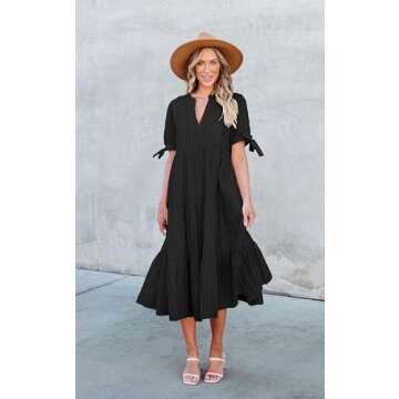 ECOWISH Women Summer Casual Dress - V Neck Short Sleeve Gingham Midi Pleated Tiered Loose Fit Holiday Picnic Dresses Black Medium