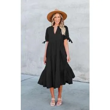 ECOWISH Women Summer Casual Dress - V Neck Short Sleeve Gingham Midi Pleated Tiered Loose Fit Holiday Picnic Dresses Black Medium