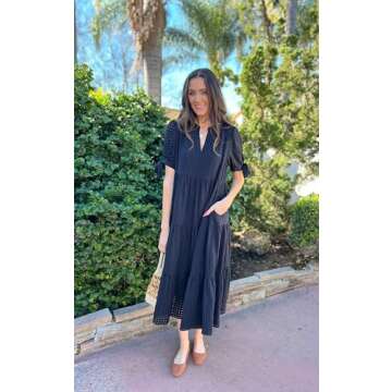 ECOWISH Women Summer Casual Dress - V Neck Short Sleeve Gingham Midi Pleated Tiered Loose Fit Holiday Picnic Dresses Black Medium