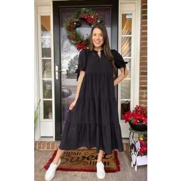 ECOWISH Women Summer Casual Dress - V Neck Short Sleeve Gingham Midi Pleated Tiered Loose Fit Holiday Picnic Dresses Black Medium