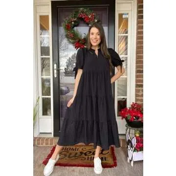 ECOWISH Women Summer Casual Dress - V Neck Short Sleeve Gingham Midi Pleated Tiered Loose Fit Holiday Picnic Dresses Black Medium