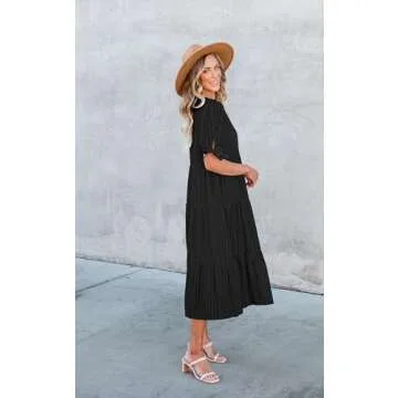 ECOWISH Women Summer Casual Dress - V Neck Short Sleeve Gingham Midi Pleated Tiered Loose Fit Holiday Picnic Dresses Black Medium