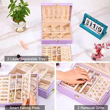 Voova Jewelry Box Organizer for Women Girls, 2 Layer Large Men Jewelry Storage Case, PU Leather Display Jewellery Holder with Removable Tray for Necklace Earrings Rings Bracelets,Vintage Gift,Lavender
