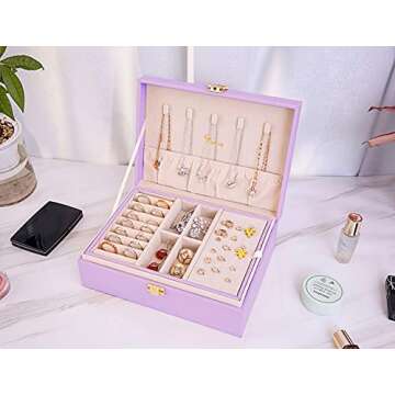 Voova Jewelry Box Organizer for Women Girls, 2 Layer Large Men Jewelry Storage Case, PU Leather Display Jewellery Holder with Removable Tray for Necklace Earrings Rings Bracelets,Vintage Gift,Lavender
