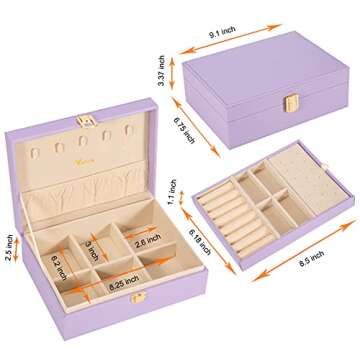 Voova Jewelry Box Organizer for Women Girls, 2 Layer Large Men Jewelry Storage Case, PU Leather Display Jewellery Holder with Removable Tray for Necklace Earrings Rings Bracelets,Vintage Gift,Lavender