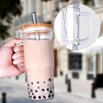 24oz Glass Cups with Lids and Straws - Tumbler glass cup with bamboo lids and straw 4 pack