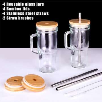 24oz Glass Cups with Lids and Straws - Tumbler glass cup with bamboo lids and straw 4 pack