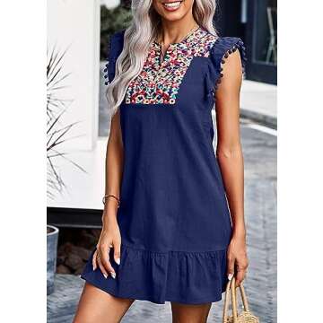 KIRUNDO Women's 2025 Summer Mini Dress Casual V Neck Floral Embroidered Ruffle Sleeveless Shift Flowy Boho Dress (B-Lake Blue,Small)