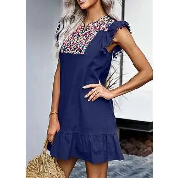KIRUNDO Women's 2025 Summer Mini Dress Casual V Neck Floral Embroidered Ruffle Sleeveless Shift Flowy Boho Dress (B-Lake Blue,Small)