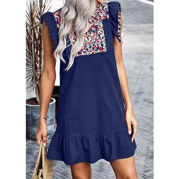KIRUNDO Women's 2025 Summer Mini Dress Casual V Neck Floral Embroidered Ruffle Sleeveless Shift Flowy Boho Dress (B-Lake Blue,Small)