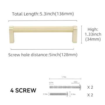 POVEFONK 10 Pack 5 inch(128mm) Brushed Brass Kitchen Cabinet Handles Knurled Cabinet Pulls Gold Draw...