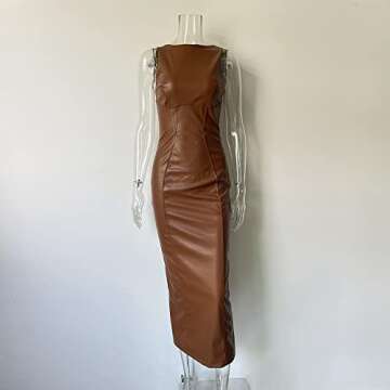XLLAIS Women's Faux PU Leather Bodycon Maxi Dress - Sexy Long Dress in Brown