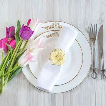 Picowe Set of 12 Alloy Napkin Rings with Hollow Out Flower Napkin Ring Holders for Wedding Party Holiday Banquet Christmas Dinner Delicate Serviette Buckles Decor Favor (Gold)