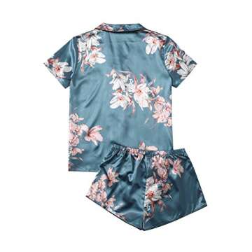 WDIRARA Women's Sleepwear Satin Short Sleeve Shirt and Shorts Pajama Set Floral Blue L