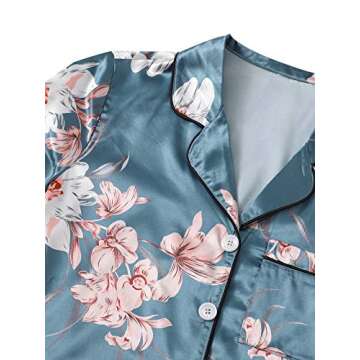 WDIRARA Women's Sleepwear Satin Short Sleeve Shirt and Shorts Pajama Set Floral Blue L
