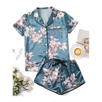 WDIRARA Women's Sleepwear Satin Short Sleeve Shirt and Shorts Pajama Set Floral Blue L