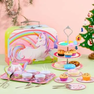 JOYIN 35Pcs Unicorn Tea Party Set for Little Girls, Pretend Tin Teapot Set, Princess Tea Time Play K...