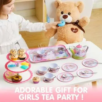JOYIN 35Pcs Unicorn Tea Party Set for Little Girls, Pretend Tin Teapot Set, Princess Tea Time Play Kitchen Toy with Dessert, Doughnut, Carrying Case for Birthday Easter Gifts Kids Toddlers Age 3 4 5 6