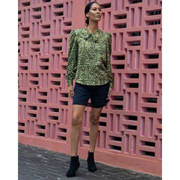 The Drop Women's Green Animal Print Bow Detail Front Puff Sleeve Shirt by @jonnycota, XS