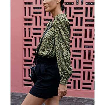 The Drop Women's Green Animal Print Bow Detail Front Puff Sleeve Shirt by @jonnycota, XS