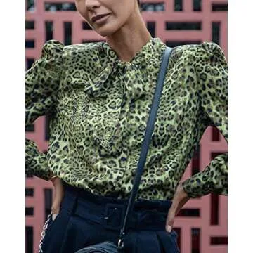The Drop Women's Green Animal Print Bow Detail Front Puff Sleeve Shirt by @jonnycota, XS