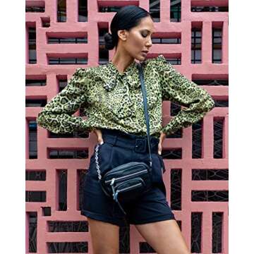 The Drop Women's Green Animal Print Bow Detail Front Puff Sleeve Shirt by @jonnycota, XS