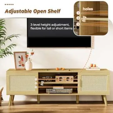 SUPERJARE Boho TV Stand for 65 Inch TV, Entertainment Center with Adjustable Shelf, Rattan TV Console with 2 Cabinets, Media Console, Solid Wood Feet, 4 Cord Holes, for Living Room - Natural