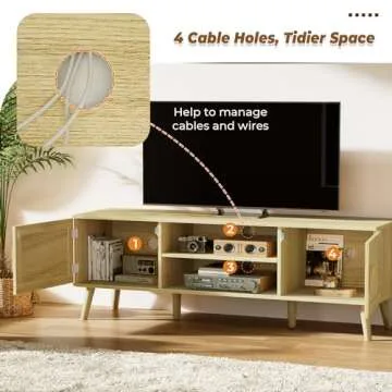 SUPERJARE Boho TV Stand for 65 Inch TV, Entertainment Center with Adjustable Shelf, Rattan TV Console with 2 Cabinets, Media Console, Solid Wood Feet, 4 Cord Holes, for Living Room - Natural