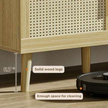 SUPERJARE Boho TV Stand for 65 Inch TV, Entertainment Center with Adjustable Shelf, Rattan TV Console with 2 Cabinets, Media Console, Solid Wood Feet, 4 Cord Holes, for Living Room - Natural