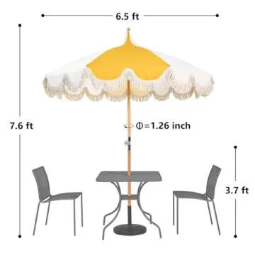 Funsite 6.5ft Pagoda Beach Umbrella with Fringe, UPF 50+ Boho Umbrellas with Carry Bag, Premium Wood Pole Foldable Tassel Umbrella for Outdoor Garden Lawn Pool Yard Table, Yellow