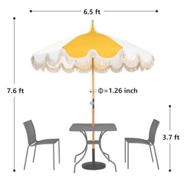 Funsite 6.5ft Pagoda Beach Umbrella with Fringe, UPF 50+ Boho Umbrellas with Carry Bag, Premium Wood Pole Foldable Tassel Umbrella for Outdoor Garden Lawn Pool Yard Table, Yellow
