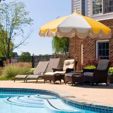 Funsite 6.5ft Pagoda Beach Umbrella with Fringe, UPF 50+ Boho Umbrellas with Carry Bag, Premium Wood Pole Foldable Tassel Umbrella for Outdoor Garden Lawn Pool Yard Table, Yellow