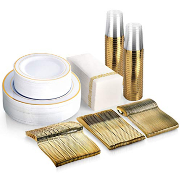 350 Piece MCIRCO Gold Dinnerware Set - Disposable Elegance for 50 Guests