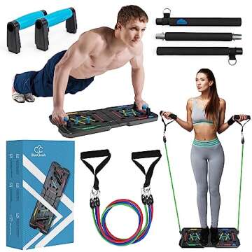 BlueClouds Push Up Board and Pilates Bar Kit - Color Coded Foldable Pushup Board Fitness Tool - Rein...