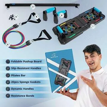 BlueClouds Push Up Board and Pilates Bar Kit - Color Coded Foldable Pushup Board Fitness Tool - Reinforced Aluminum Resistance Band Bar - At Home Gym Accessories for Men and Women - Portable Gym