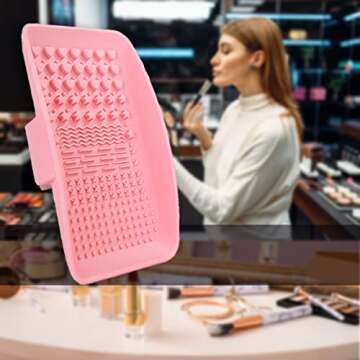 Makeup Brush Cleaning Mat, Silicone Make up Brush Cleaner Pad, Paint Brush Cleaner Tool with Back Strap, Portable Beauty Makeup Washing Tool Makeup Brushes for All Brushes (Pink)