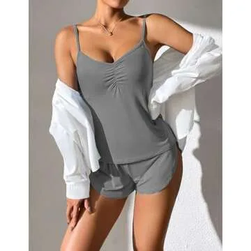 Ekouaer Women Pajamas Set Cami Sleepwear Lingerie V Neck Soft PJS Set with Shorts Grey, Medium