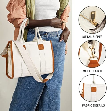 Canvas Tote Bag for Women Top Handle Handbag Crossbody Tote Bag for Women Canvas Tote Bag with Zipper Trendy Shoulder Bag Everything Tote Bag with Adjustable Strap